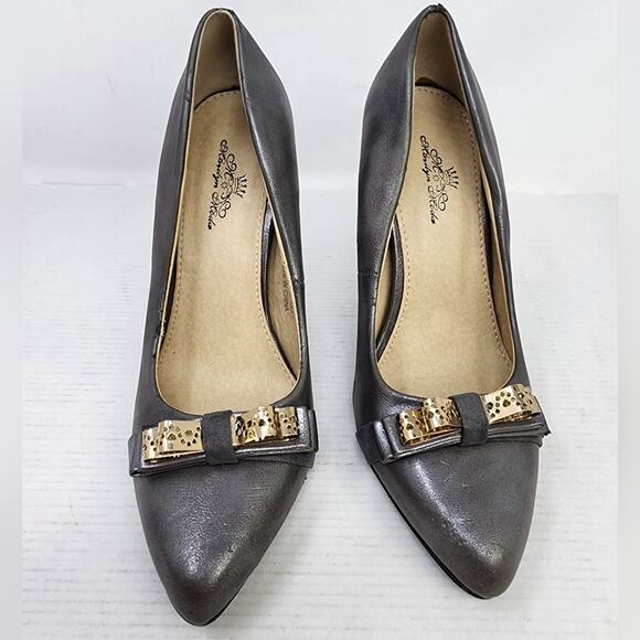 Marilyn Moda Grey Pumps Heels Gold Bow Work Party Cocktails Women's Gift Size 6 - Picture 2 of 10